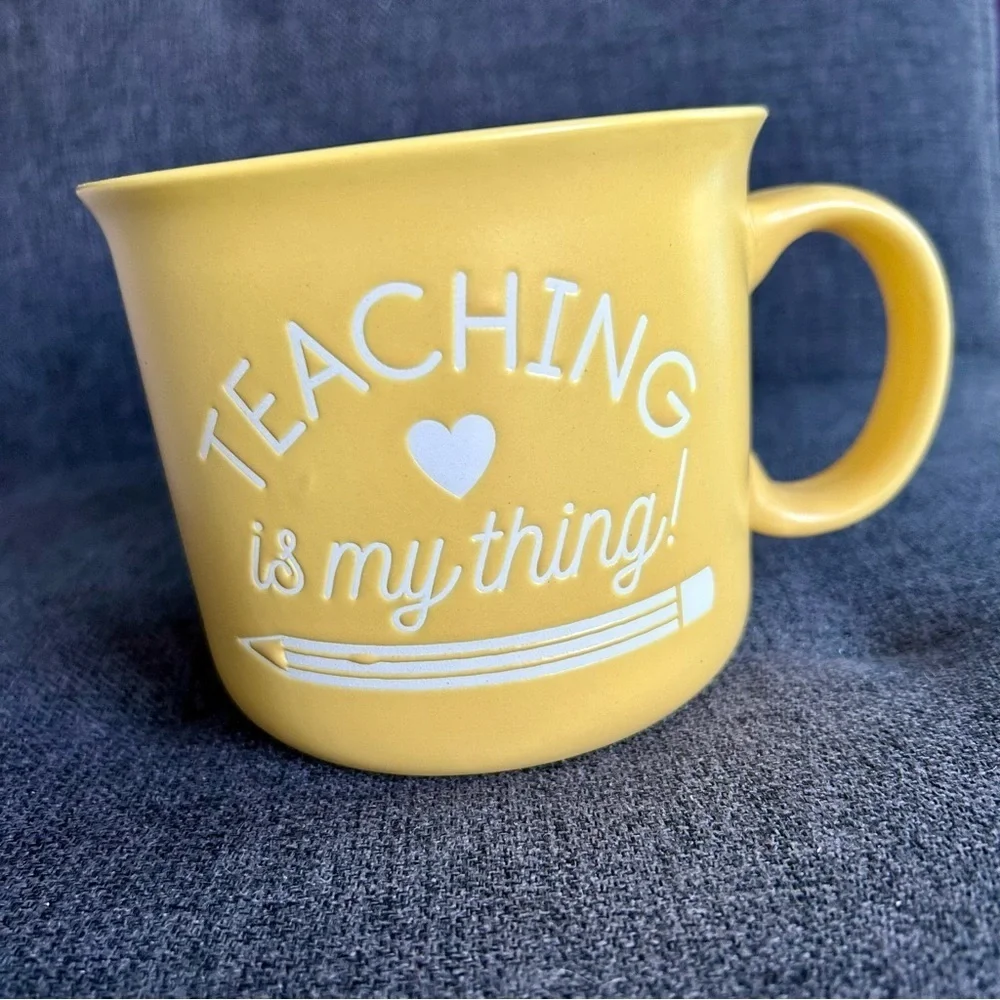 “Teaching is my Thing” Colorful Pencil Lined Coffee Mug, Yellow, White, 20 oz